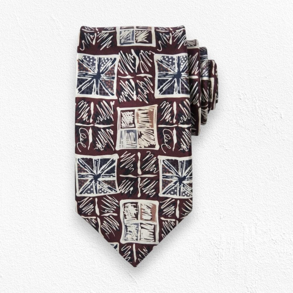 90s Vintage Brown Abstract Geometric Print Retro Postscripts by Superba Silk Tie